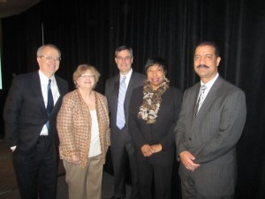 From the left, Chief Judge Jonathan Lippman, PBI President Esther Lardent, Judge William Bright, Judge Bernice Donald, and Chief Judge Eric Washington.